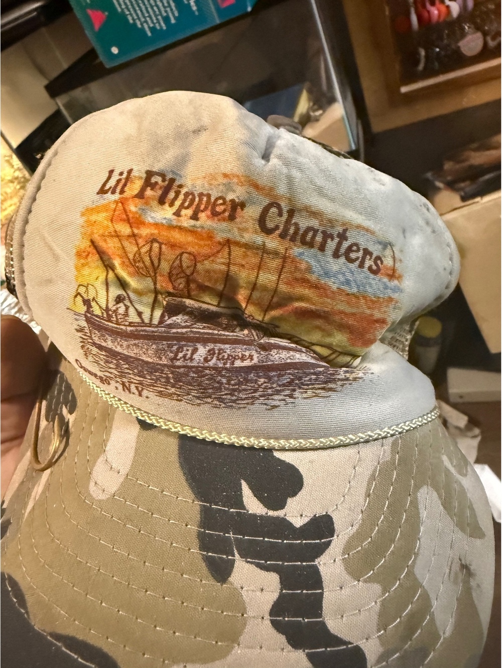 Vintage Nissin Lil Flipper Charters Camouflage Fishing Hat
